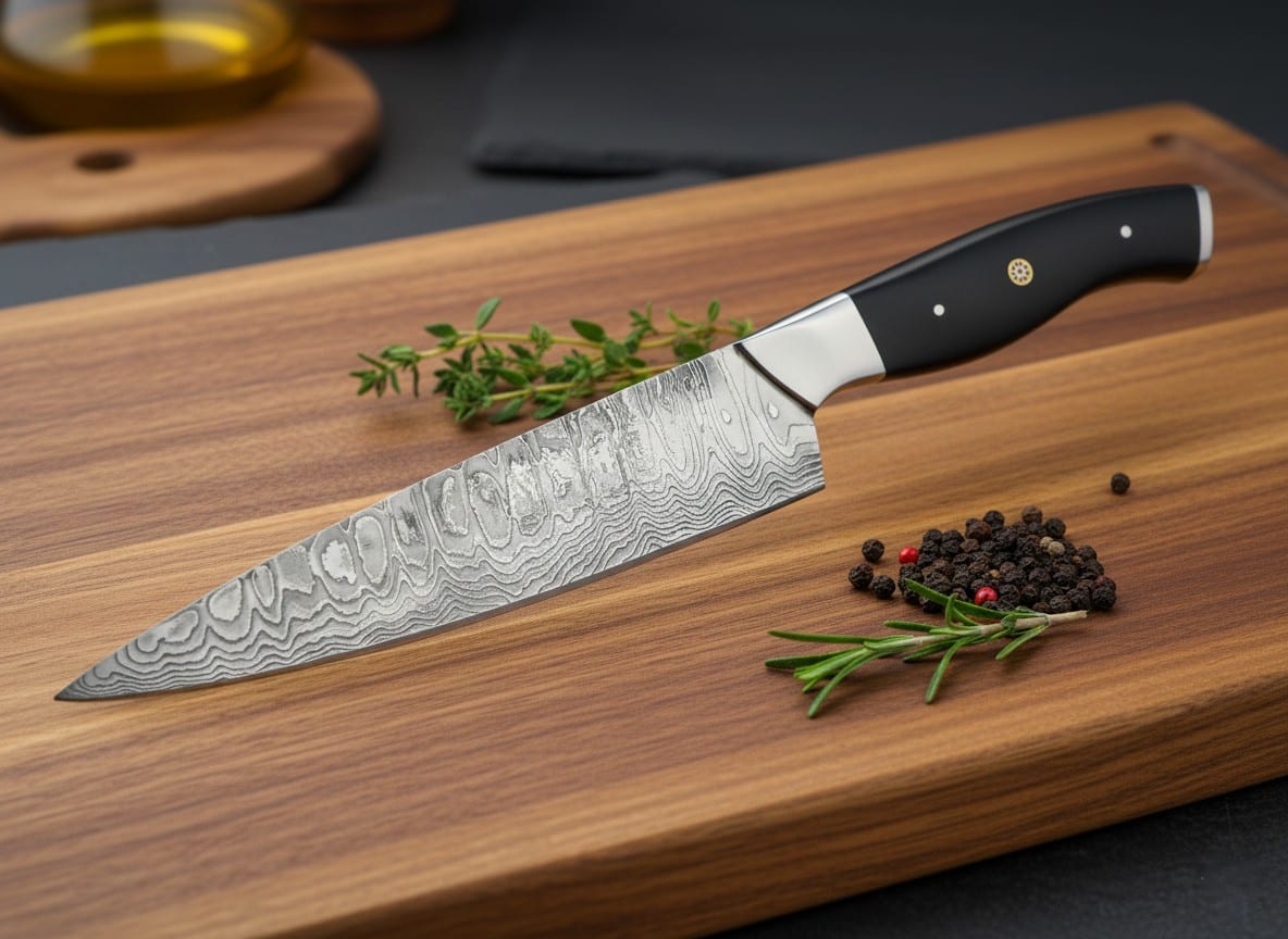 Kochmesser mit Damastklinge und schwarzem Griff auf einem Holzbrett, daneben Thymian und Pfefferkörner