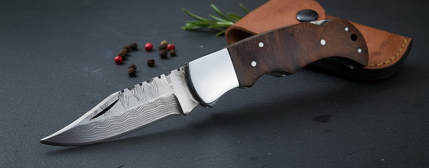 Aufgeklapptes Taschenmesser mit Damastklinge und braunem Holzgriff neben einem Lederetui