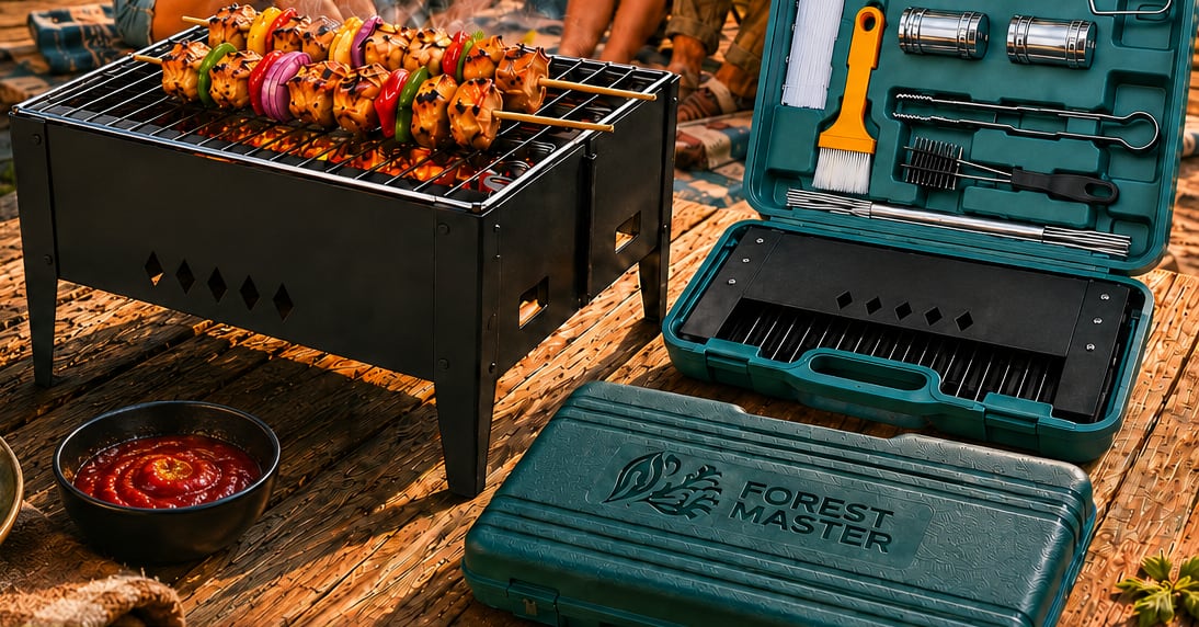 Faltbarer Campinggrill mit Gemüsespießen, daneben ein geöffneter Koffer mit BBQ-Besteck